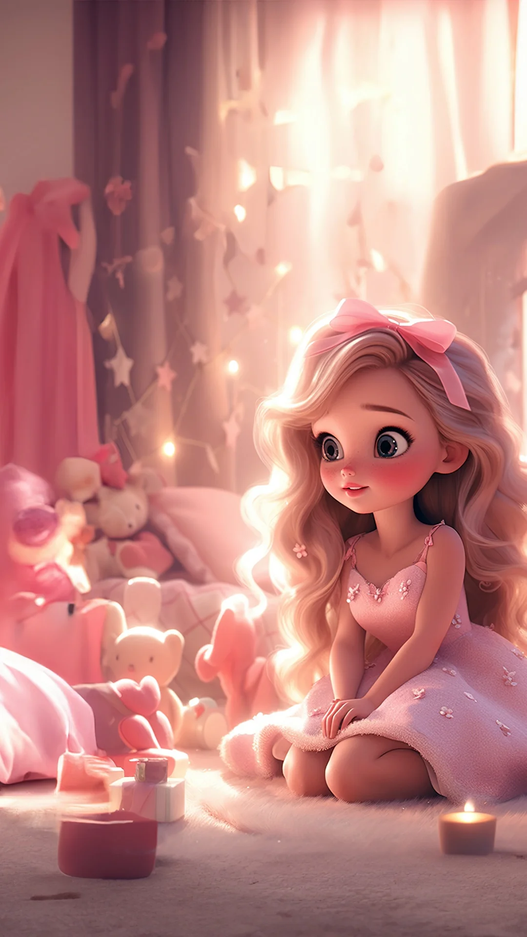 Hình nền cute nữ anime tóc vàng ngồi bên nến trong căn phòng ấm áp