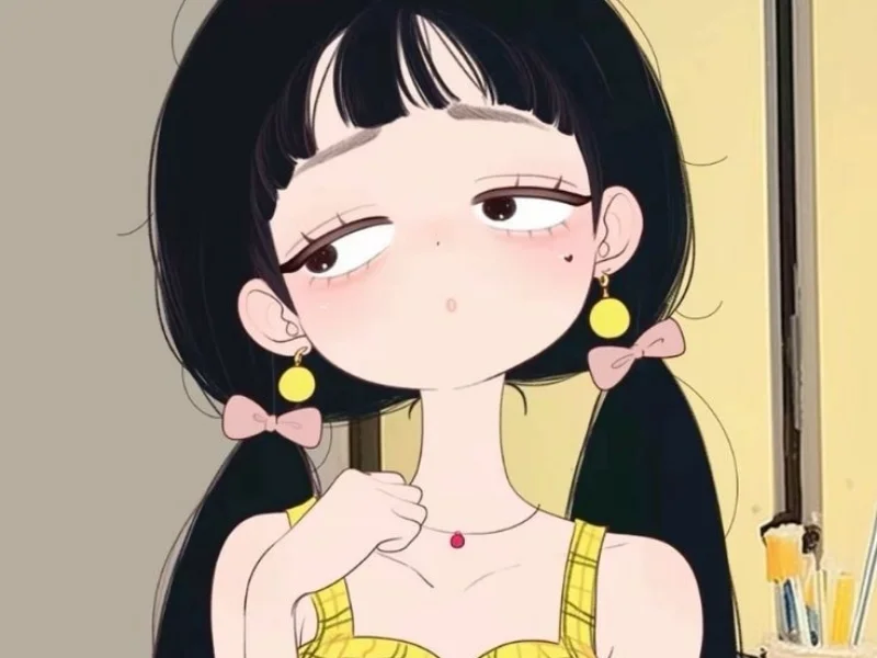 Hình nền cute nữ hoạt hình tóc đen buộc nơ mặc váy vàng