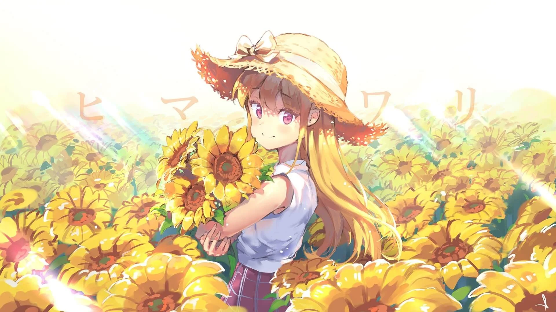 Hình nền cute nữ anime đội mũ rộng vành giữa cánh đồng hoa hướng dương