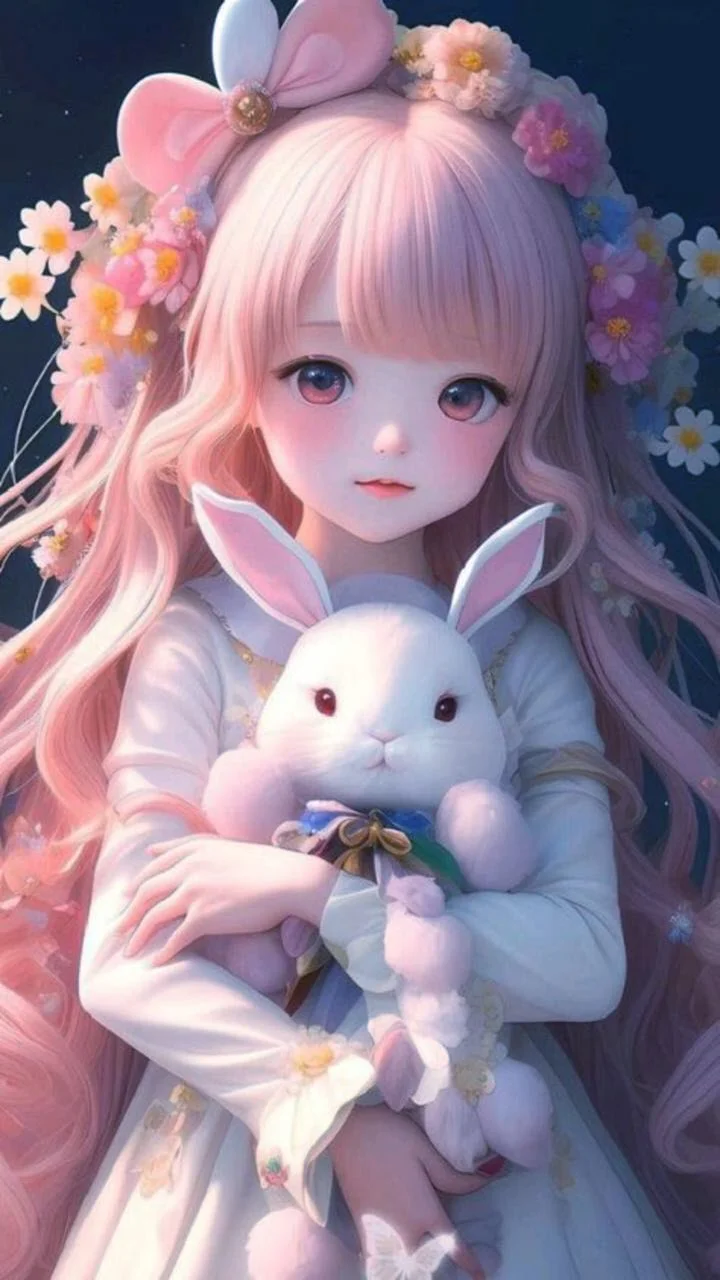 Hình nền cute nữ với cô gái anime tóc hồng đội nơ, cài hoa và ôm chú thỏ trắng trong khung cảnh cổ tích pastel