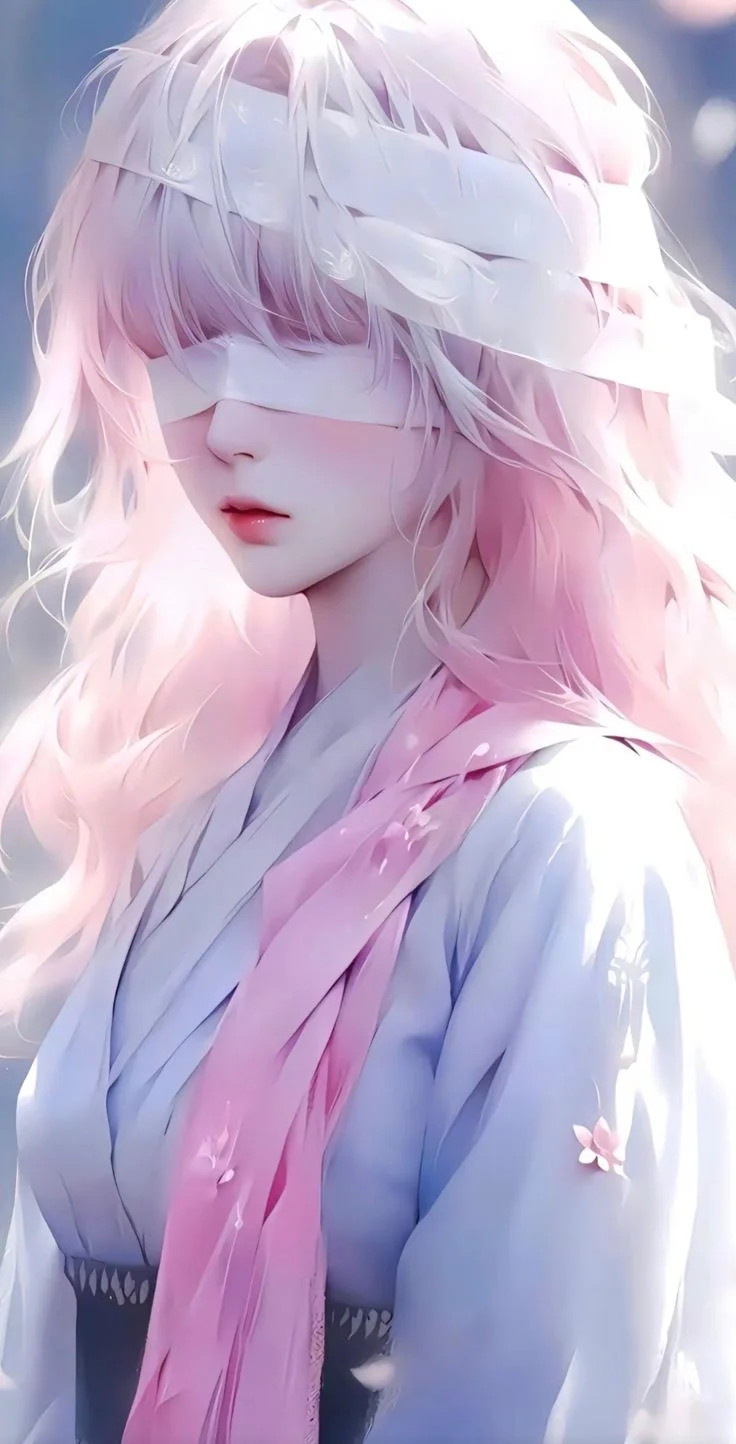 Hình nền cute nữ anime tóc trắng hồng, cô gái che mắt bằng dải vải trắng trong khung cảnh pastel mộng mơ