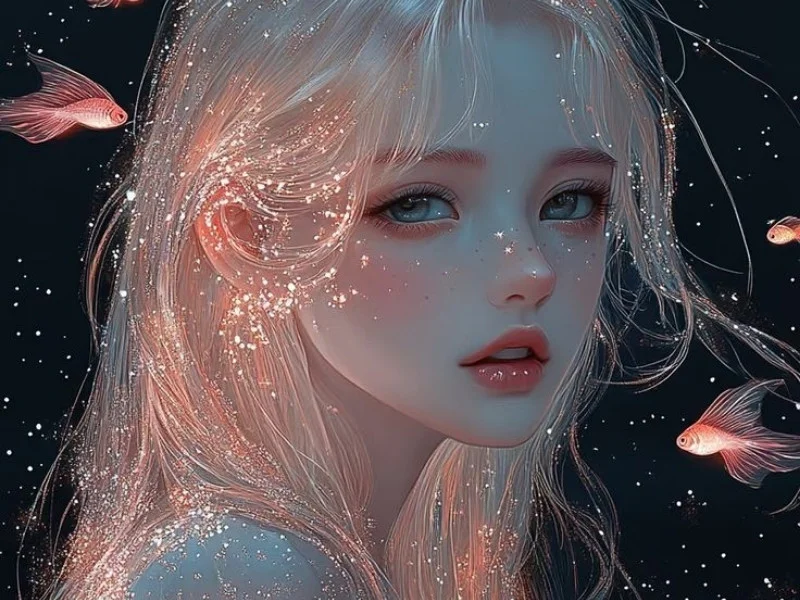 Hình nền cute nữ fantasy tóc bạc lấp lánh giữa vũ trụ