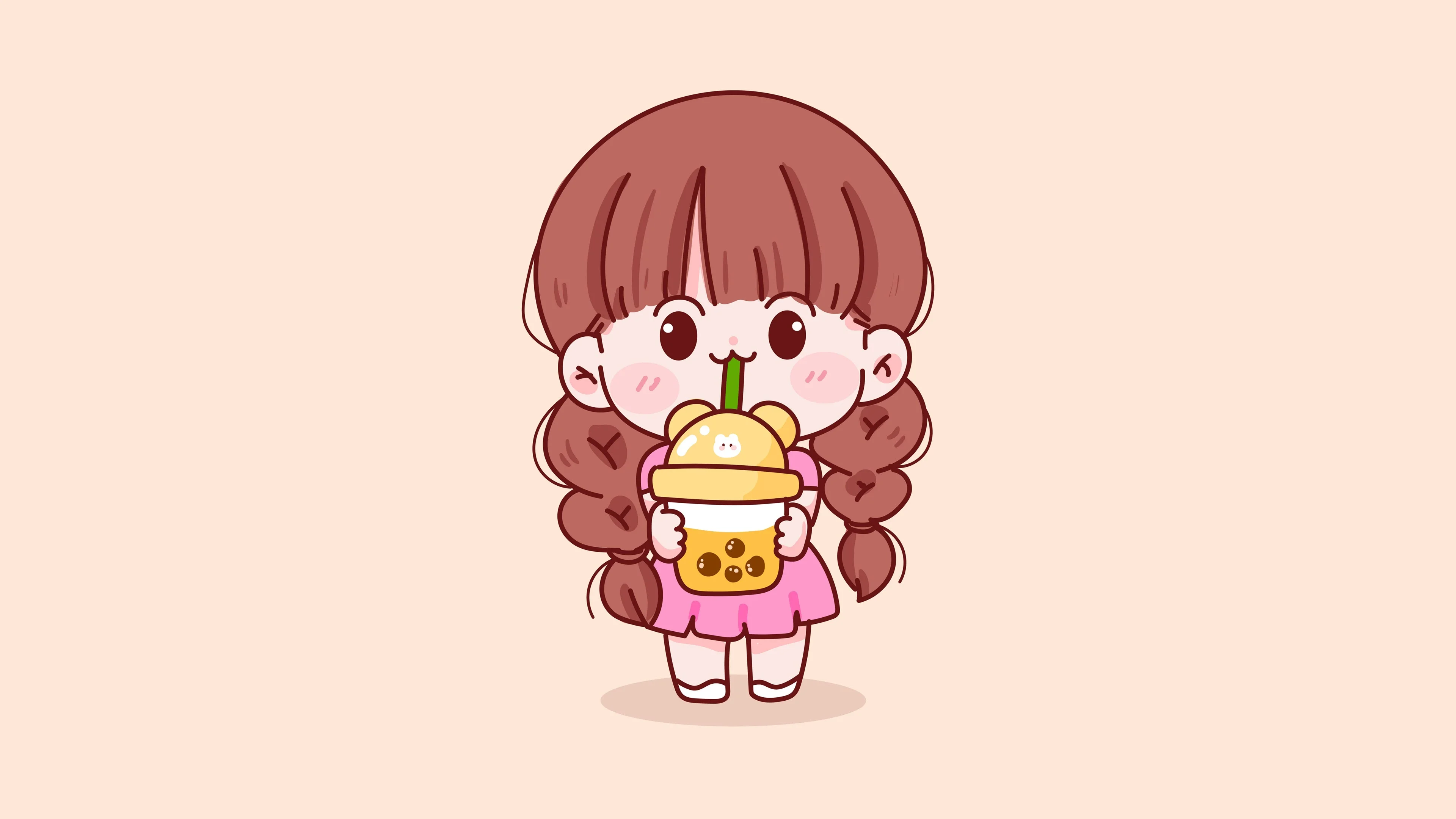 Hình nền cute bé gái hoạt hình tóc tết cầm ly nước