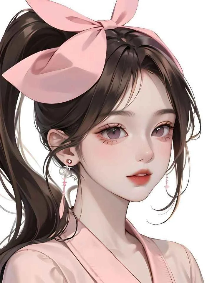 Hình nền cute nữ anime với cô gái tóc nâu đeo nơ hồng lớn trên nền trắng