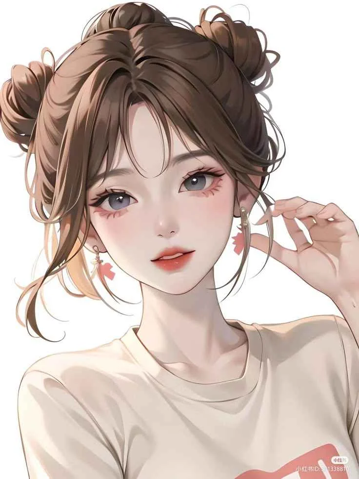 Hình nền cute nữ anime với cô gái tóc nâu búi đôi, mắt long lanh và nụ cười dịu dàng trên nền trắng