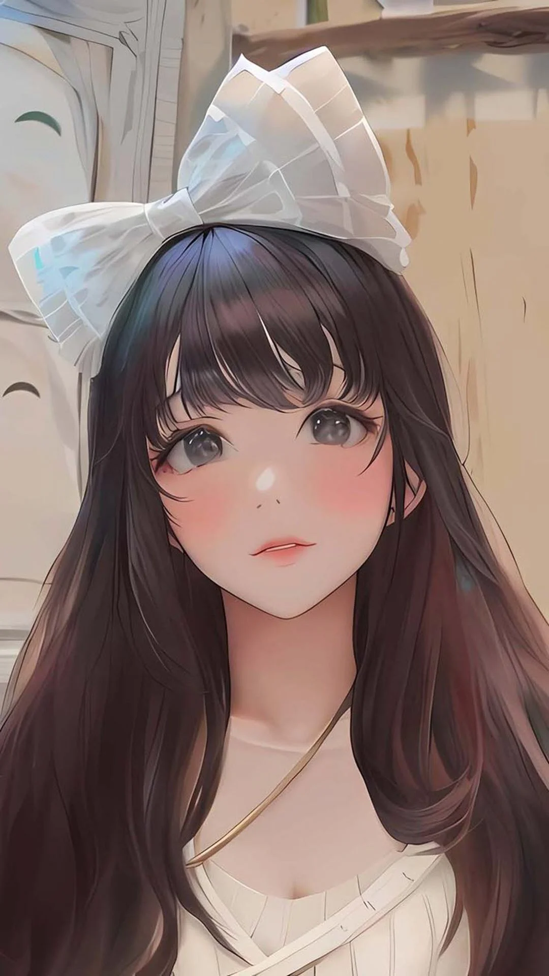 Hình nền cute nữ anime với cô gái tóc dài đeo nơ trắng, phong cách dễ thương và dịu dàng
