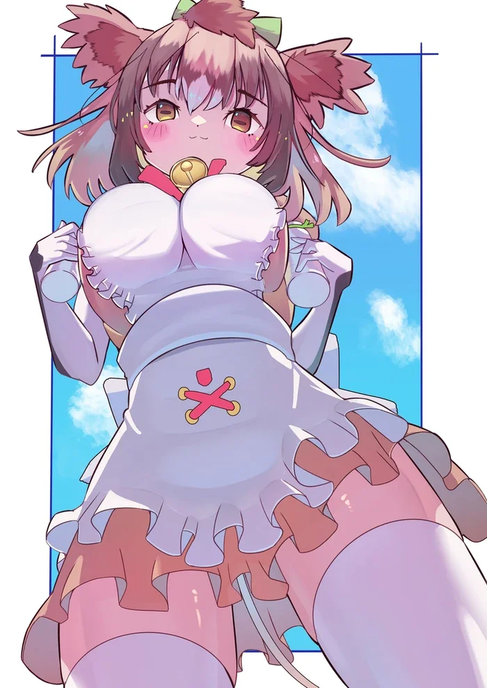Hình minh họa anime cô gái vú bự với tai râu và váy trắng trên nền trời xanh, từ khóa hentai vú bự