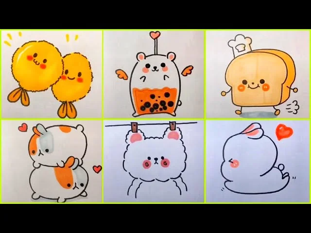 Sáu hình vẽ động vật chibi nhiều màu sắc trong các ô vuông