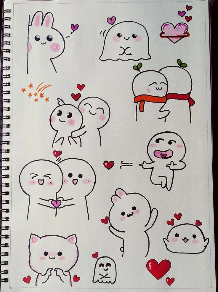 Bộ hình doodle đơn giản gồm các nhân vật nhỏ, trái tim và hoa