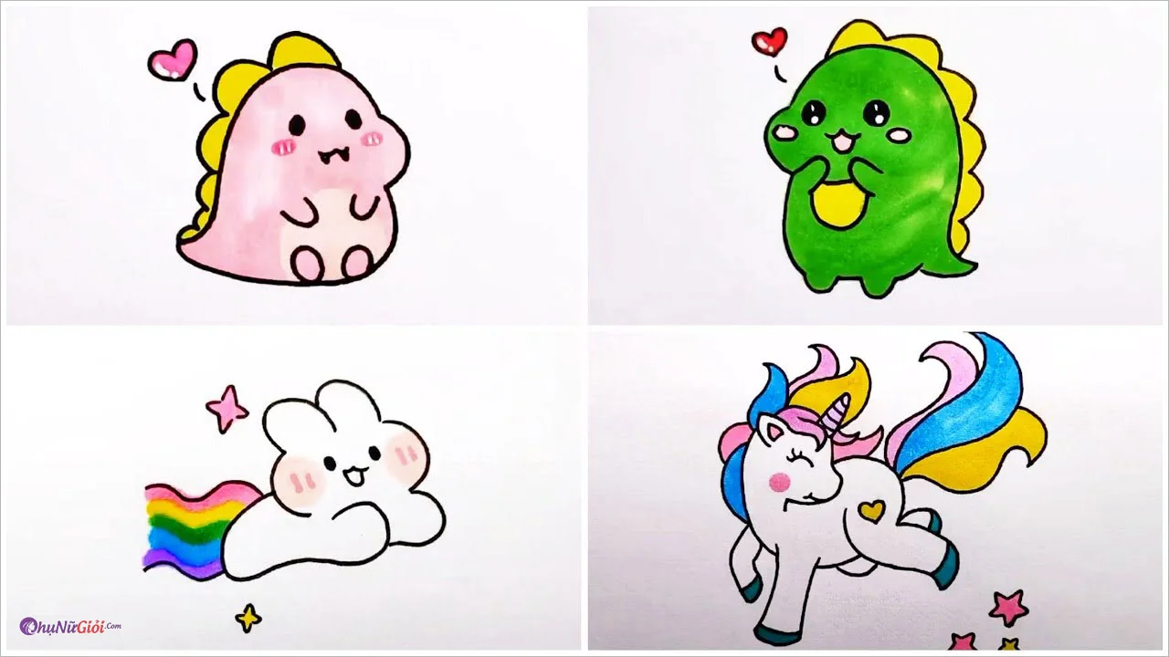 Hình dễ vẽ gồm khủng long chibi, đám mây cầu vồng và kỳ lân nhiều màu sắc đáng yêu