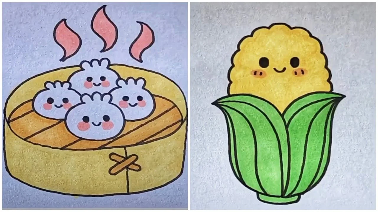 Hình dễ vẽ với bánh bao thỏ đáng yêu trong xửng hấp và bắp ngô hoạt hình màu xanh vàng