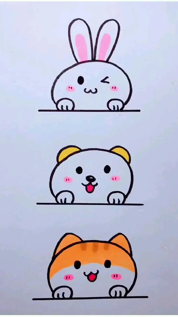 Hình dễ vẽ ba con vật chibi gồm thỏ, chó và mèo với biểu cảm đáng yêu
