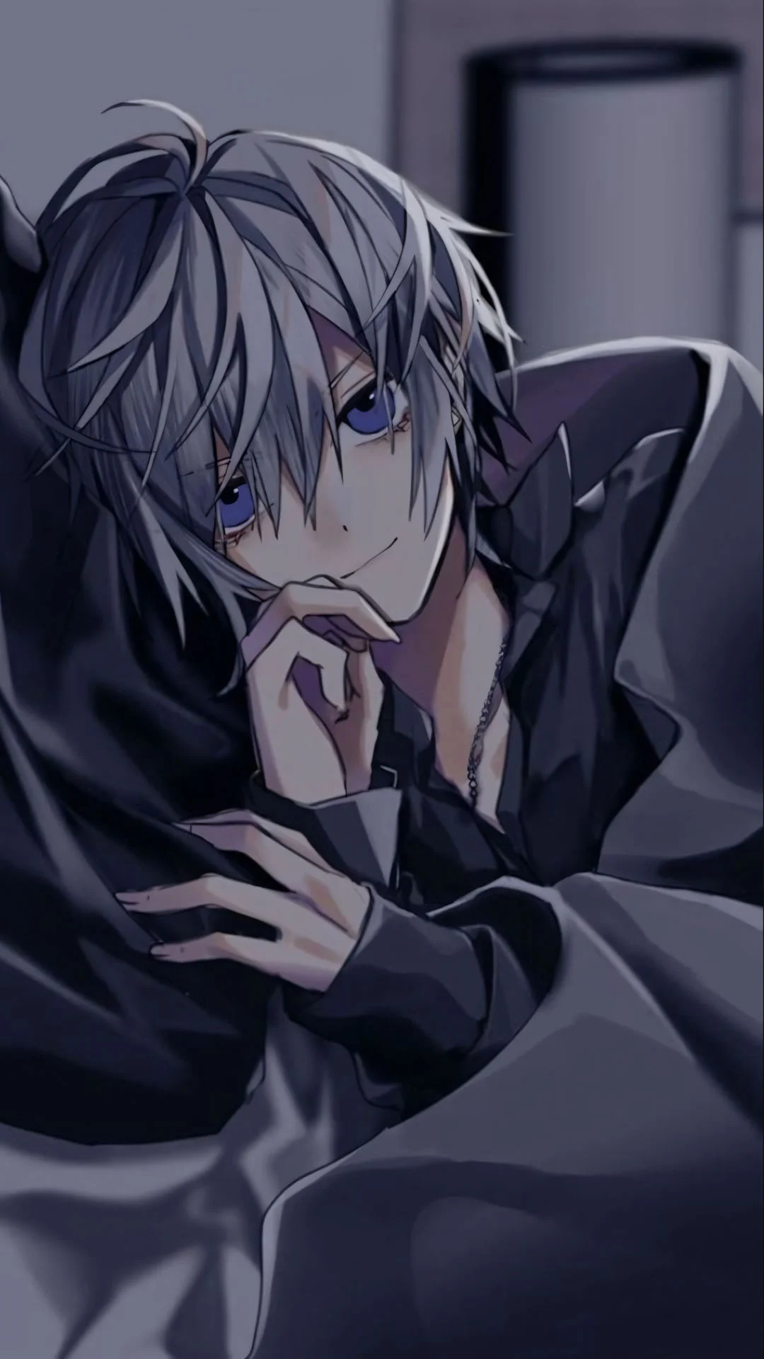 ảnh nam ngầu lạnh lùng anime, chàng trai tóc trắng xanh dáng lười biếng trong chăn