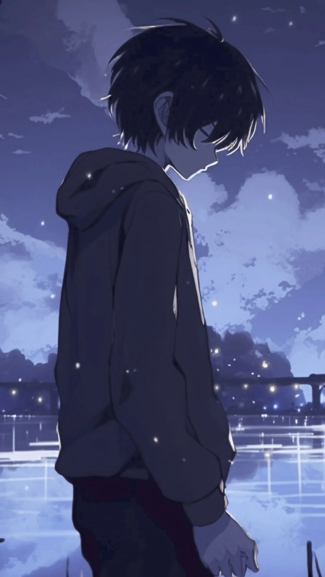 ảnh nam ngầu lạnh lùng anime, chàng trai đứng lặng bên bờ sông về đêm