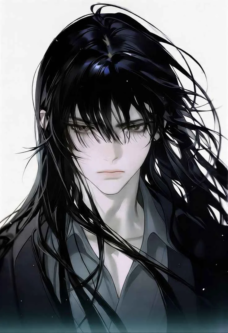 Nam nhân anime ngầu lạnh lùng với mái tóc đen dài bay trong gió