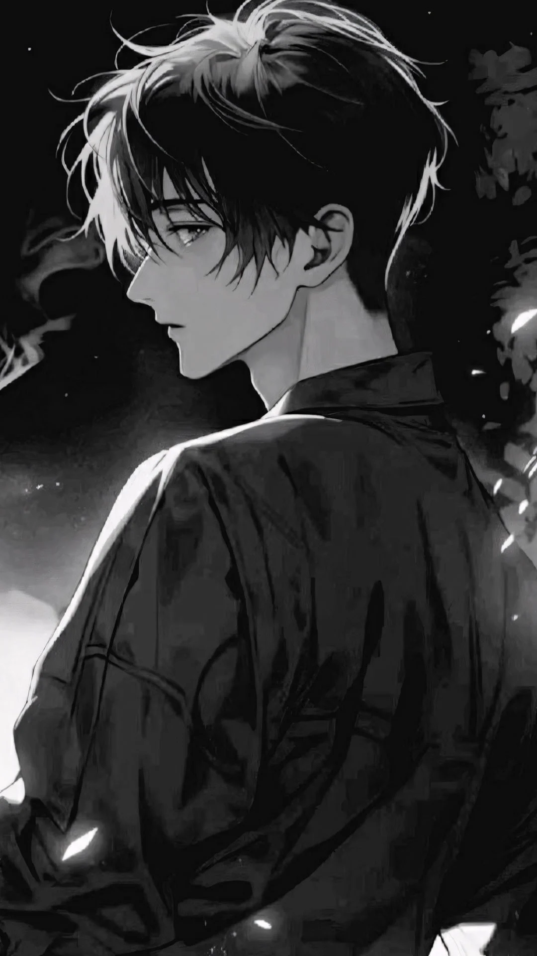 ảnh nam ngầu lạnh lùng phong cách anime đen trắng, chàng trai tóc đen ánh nhìn sắc lạnh