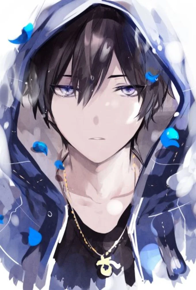 Chàng trai anime tóc đen buồn bã lạnh lùng