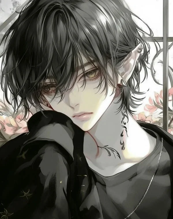 Ảnh nam ngầu lạnh lùng phong cách anime với mái tóc đen và đôi tai nhọn