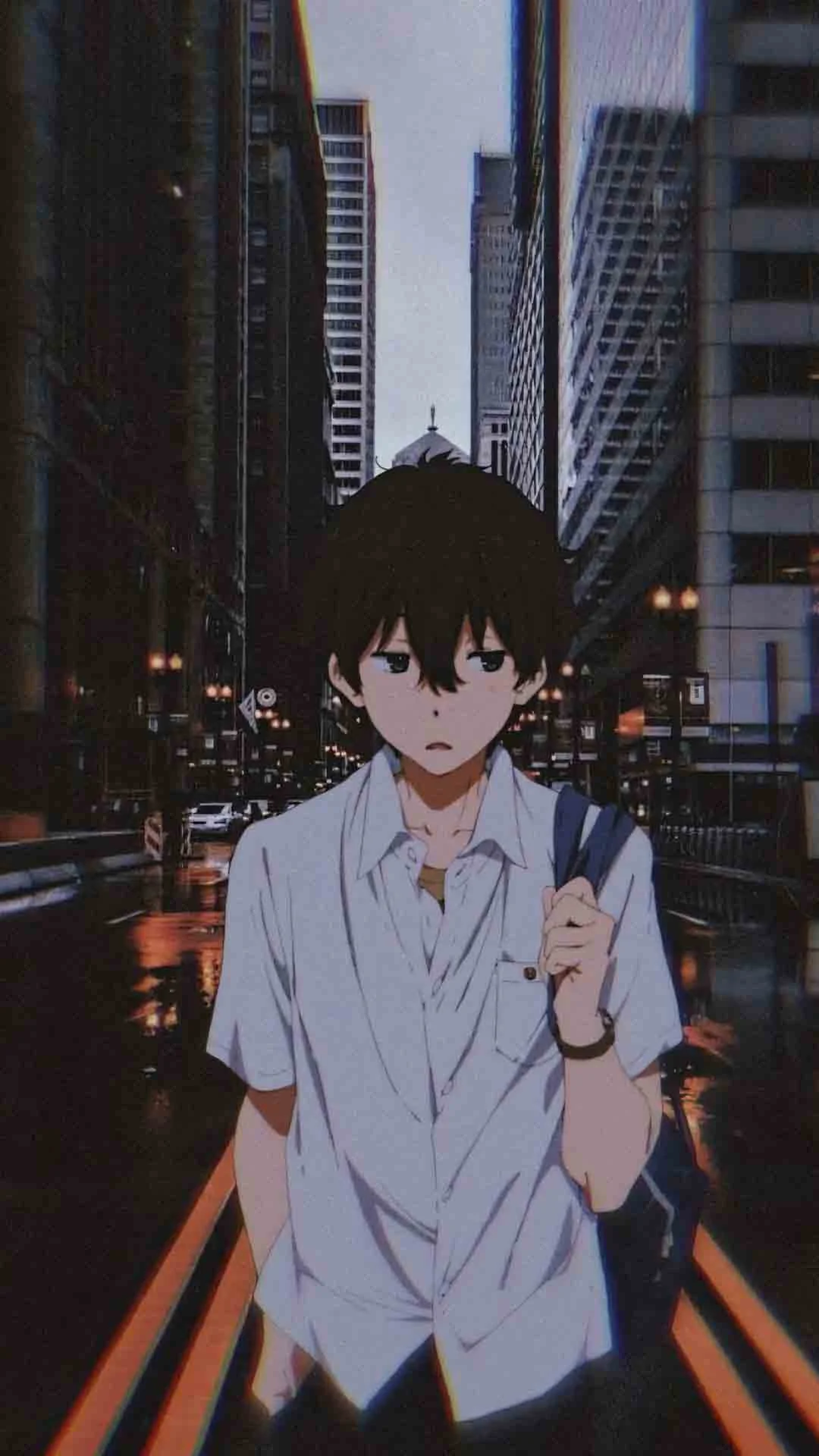 ảnh nam ngầu lạnh lùng anime, nam sinh tóc nâu giữa phố đêm rực đèn
