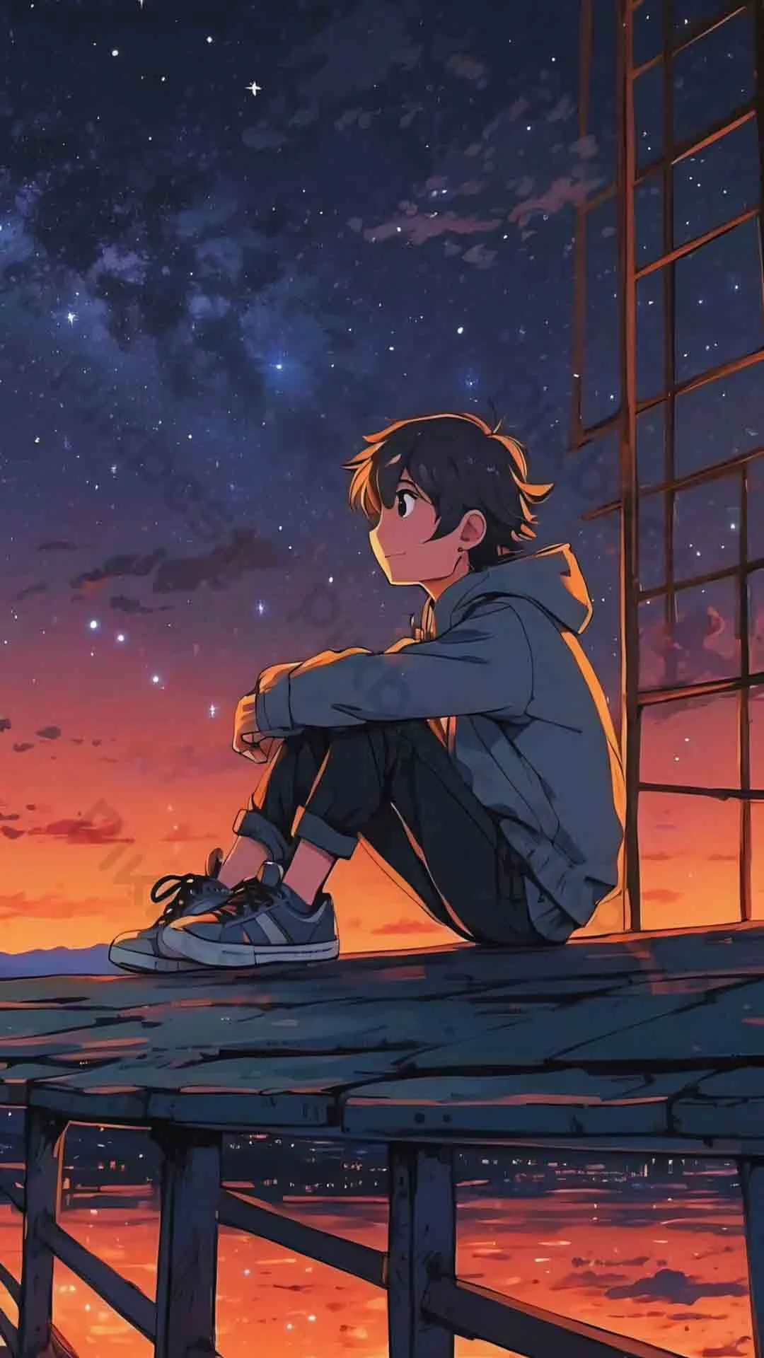 ảnh nam ngầu lạnh lùng anime, chàng trai ngồi ôm gối trên mái nhà hoàng hôn