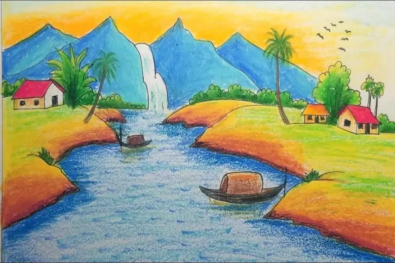 Vẽ tranh phong cảnh thác nước và sông núi