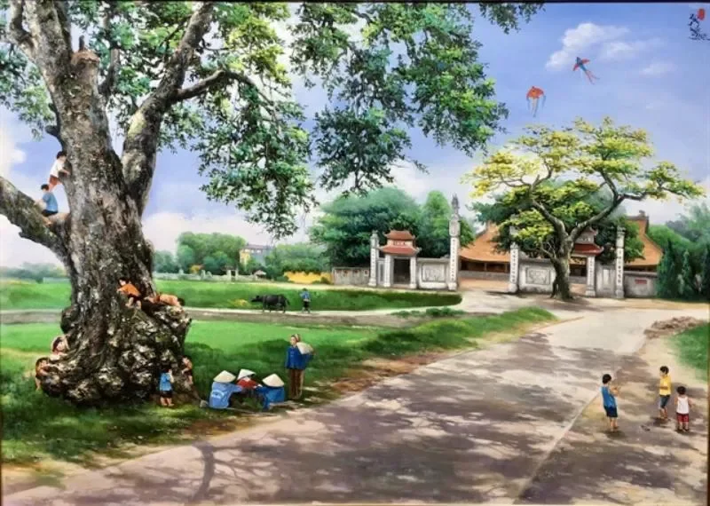 Vẽ tranh phong cảnh cây đa sân đình