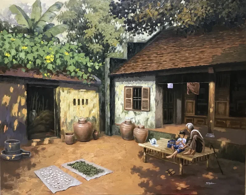 Tranh phong cảnh xưa, nhà ngói đỏ