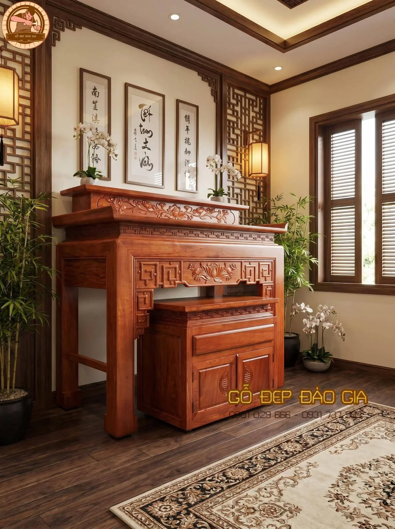 Mẫu bàn thờ gỗ trong không gian nội thất hiện đại