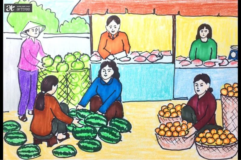 Tranh chợ quê nhộn nhịp (Nguồn Internet)