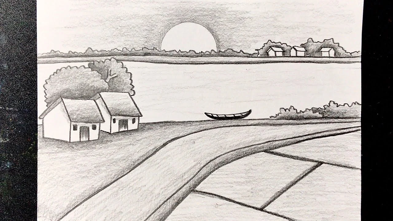Mẫu 16: Vẽ tranh quê hương trắng đen