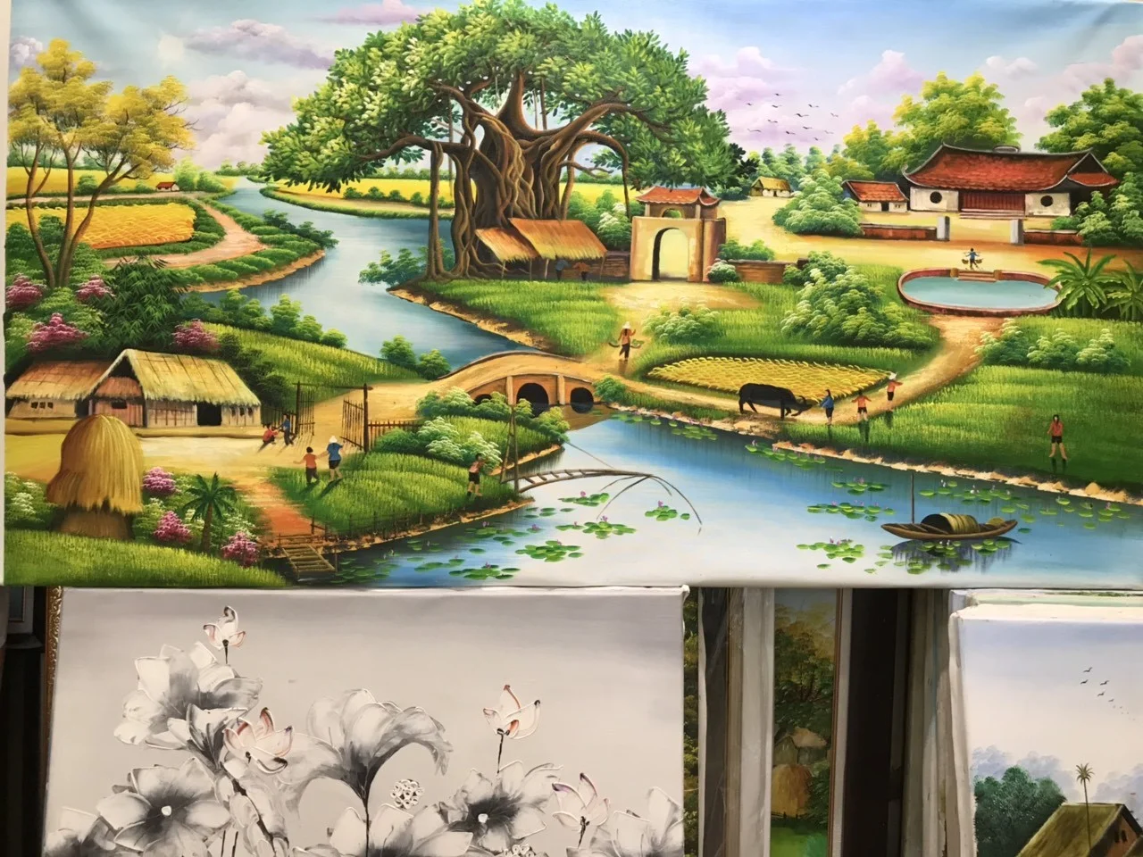 Tranh phong cảnh làng quê Việt Nam đẹp và thơ mộng - Tranh Vẽ Theo Yêu Cầu