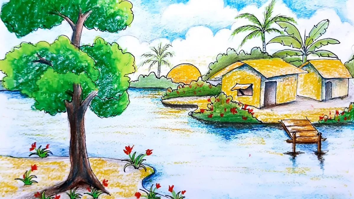 học sinh vẽ tranh quê hương đẹp