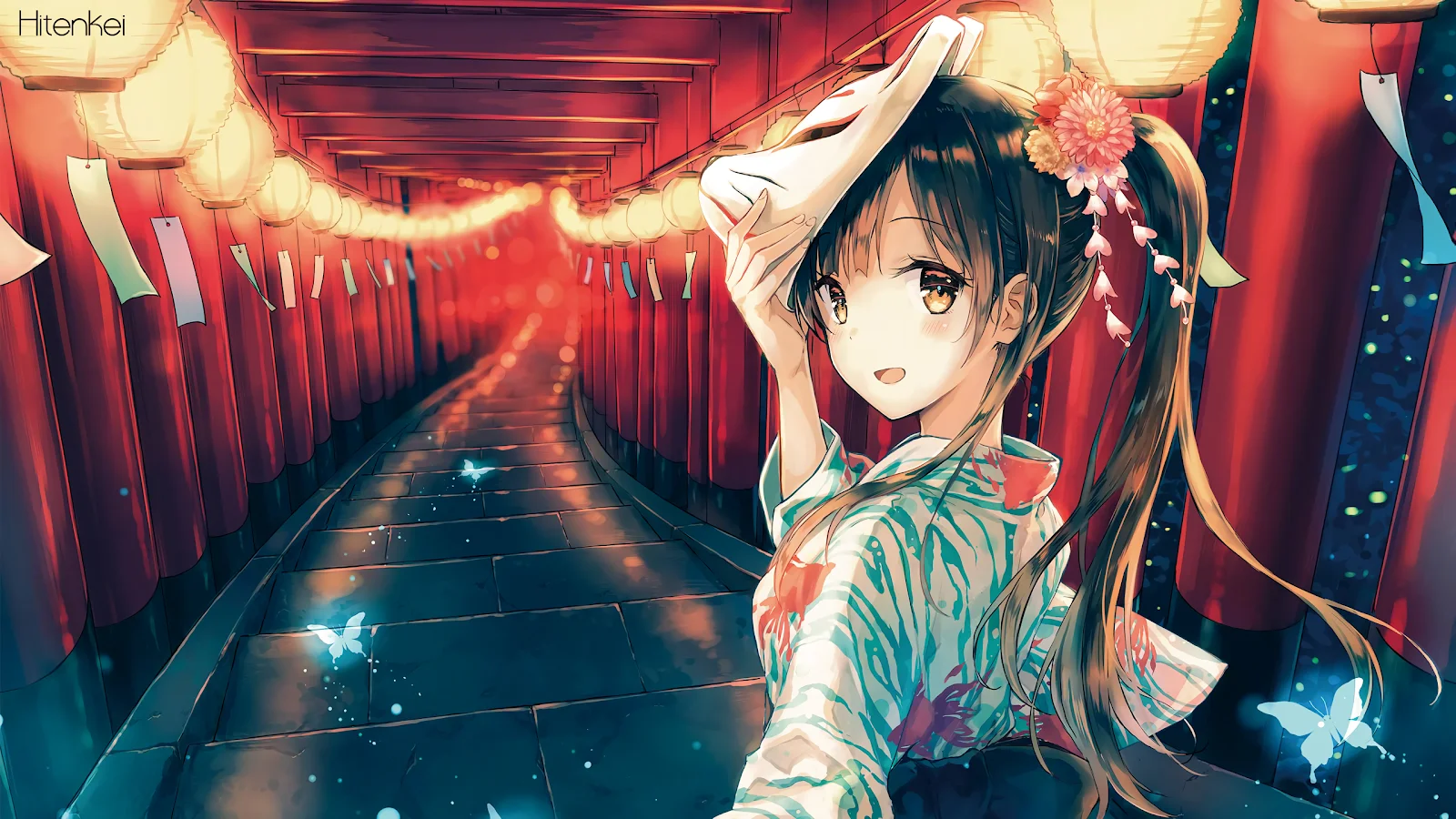 hình nền anime 4k cô gái kimono dưới cổng torii đỏ