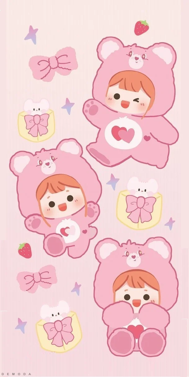 hình nền cute với các nhân vật hoạt hình mặc đồ gấu hồng dễ thương