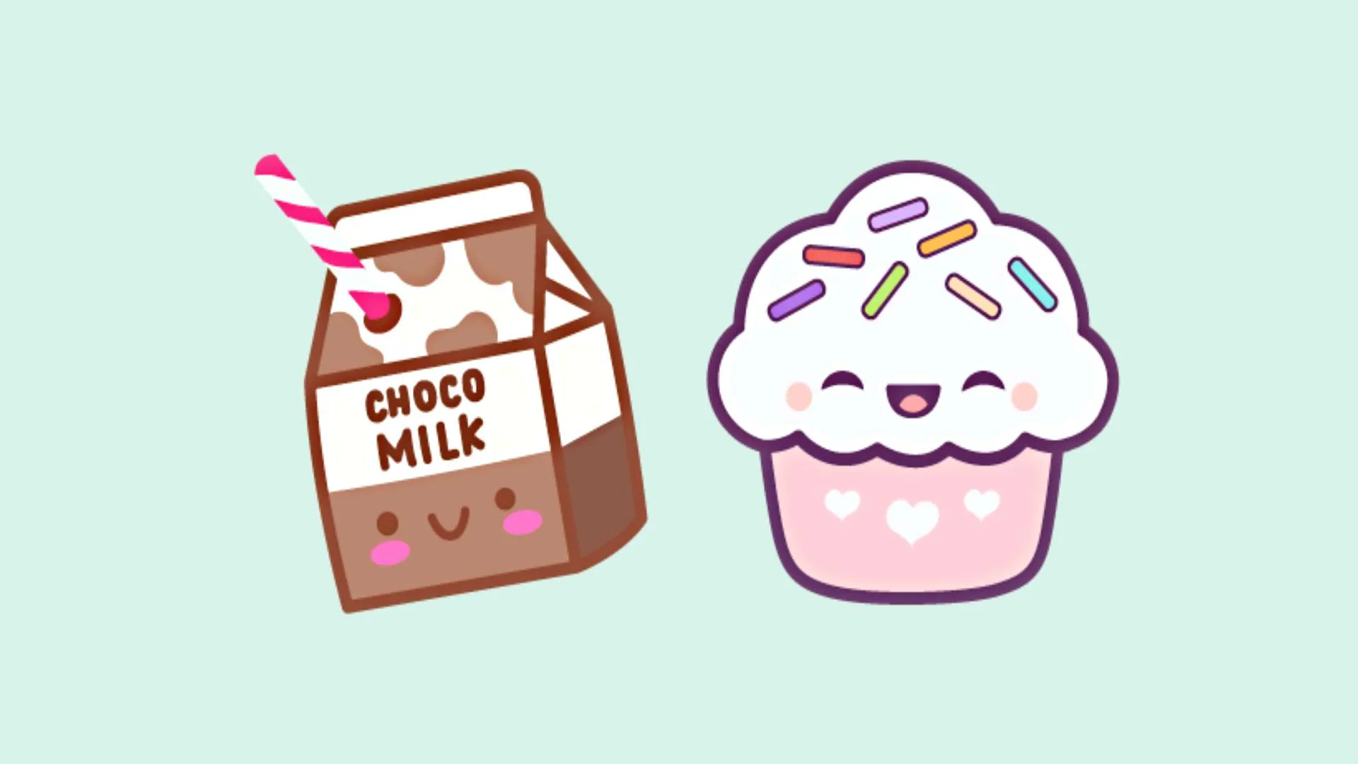 hình vẽ cute đơn giản mô tả hộp sữa sô-cô-la và bánh cupcake hoạt hình