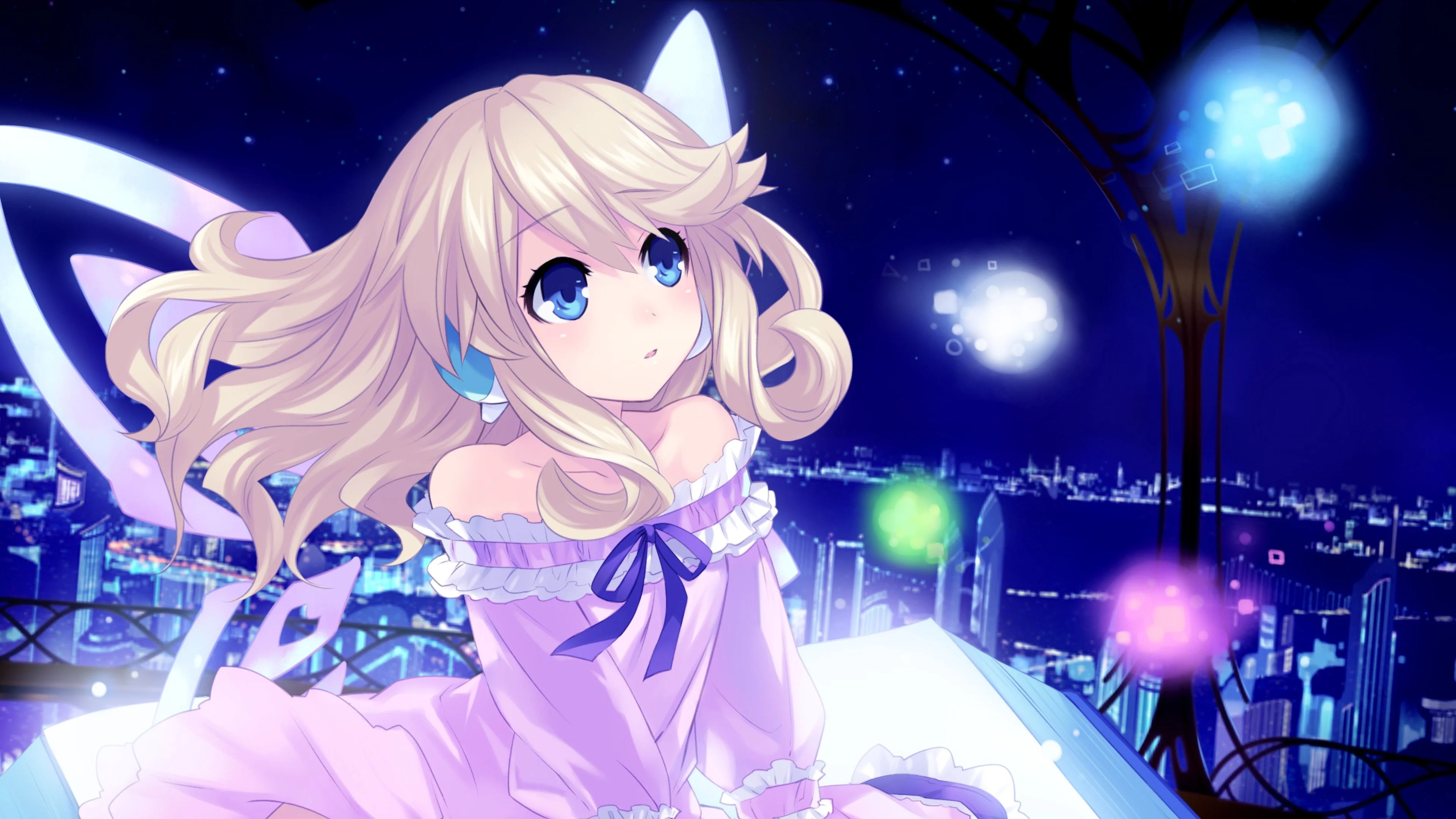 Hình nền iPad cô gái anime xinh xắn dưới ánh đèn đêm