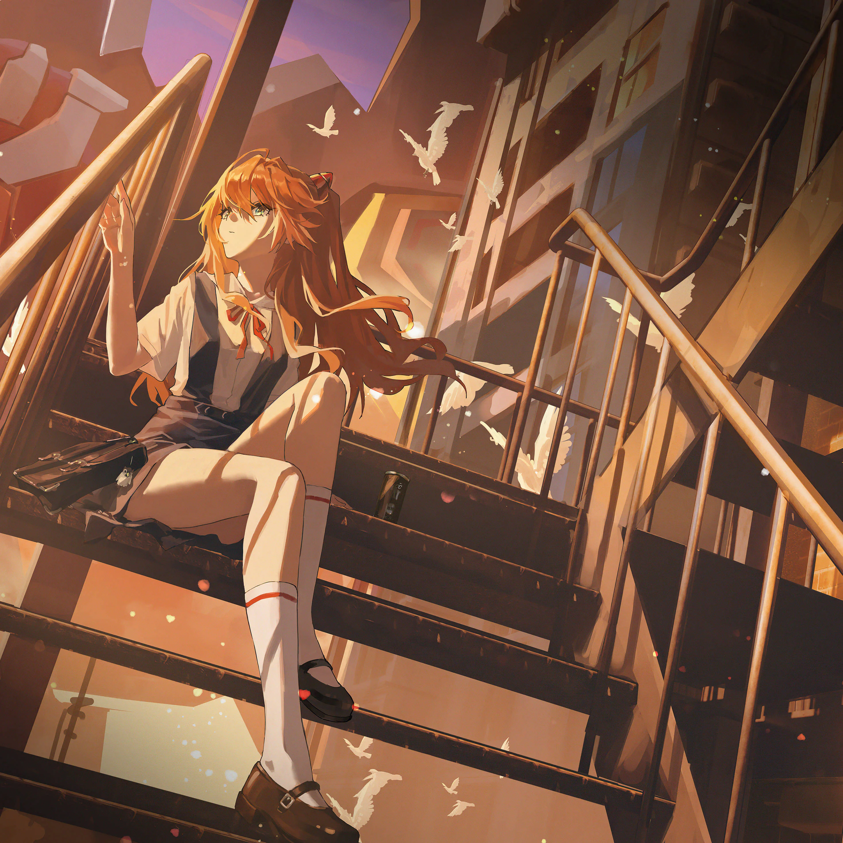 Hình nền iPad cô gái anime trên cầu thang